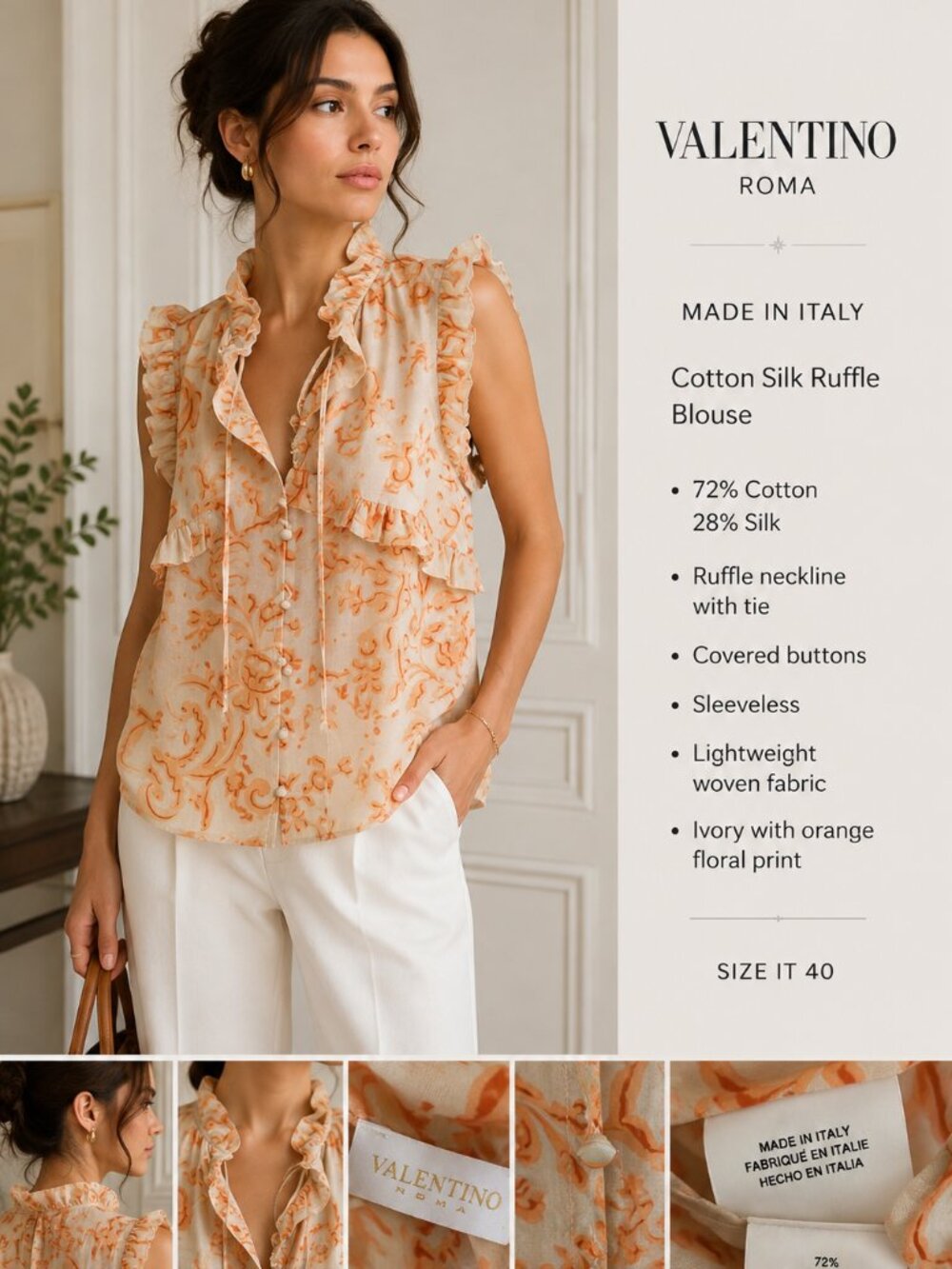 Valentino Roma Cotton Silk Ruffle Blouse Top IT 40
